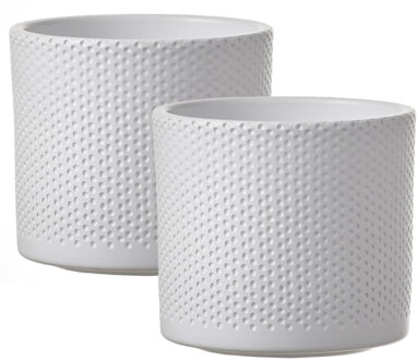 Mica Decorations Bloempot - 2x - wit - relief - keramiek - D15 x H13 cm - plantenpotten binnen