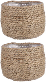 Mica Decorations Bloempot - 3x - rotan - beige - jute - 18 x 15 cm
