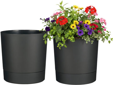 Mica Decorations Bloempot Coco - 2x - met onderschaal - antraciet - H19 x D18 cm - kunststof