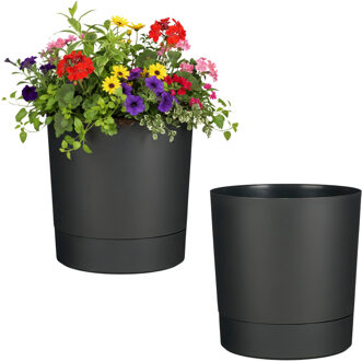 Mica Decorations Bloempot Coco - 2x - met onderschaal - antraciet - H24 x D23 cm - kunststof