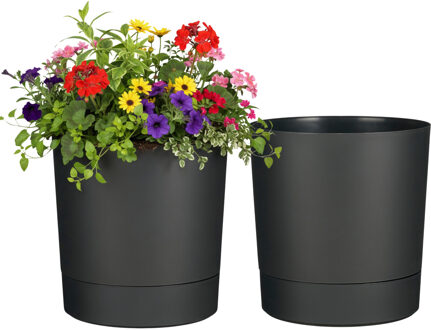 Mica Decorations Bloempot Coco - 2x - met onderschaal - antraciet - H30 x D28 cm - kunststof