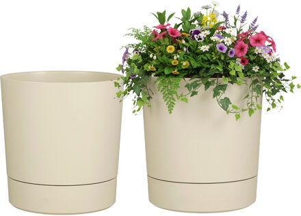 Mica Decorations Bloempot Coco - 2x - met onderschaal - beige - H19 x D18 cm - kunststof - buiten