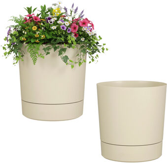 Mica Decorations Bloempot Coco - 2x - met onderschaal - beige - H24 x D23 cm - kunststof - buiten