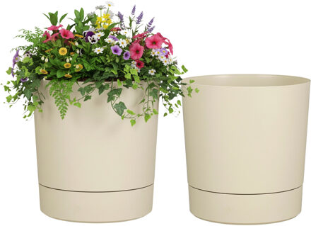 Mica Decorations Bloempot Coco - 2x - met onderschaal - beige - H30 x D28 cm - kunststof - buiten