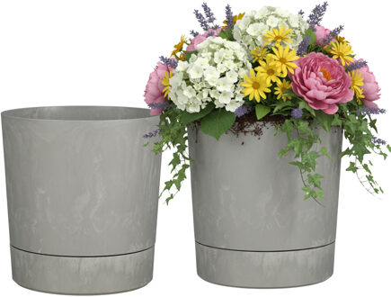 Mica Decorations Bloempot Coco - 2x - met onderschaal - betongrijs - H19 x D18 cm - kunststof