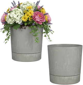 Mica Decorations Bloempot Coco - 2x - met onderschaal - betongrijs - H24 x D23 cm - kunststof