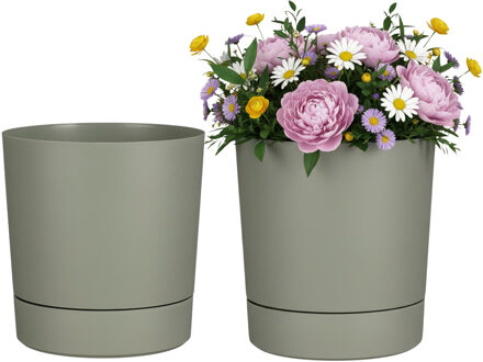 Mica Decorations Bloempot Coco - 2x - met onderschaal - olijfgroen - H19 x D18 cm - kunststof