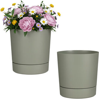 Mica Decorations Bloempot Coco - 2x - met onderschaal - olijfgroen - H24 x D23 cm - kunststof