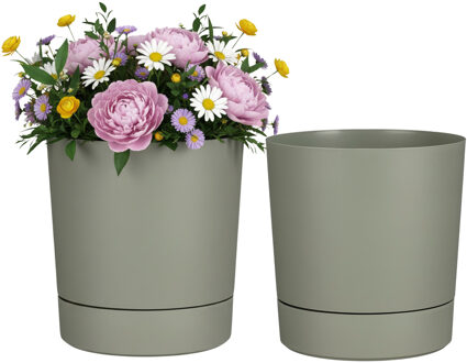 Mica Decorations Bloempot Coco - 2x - met onderschaal - olijfgroen - H30 x D28 cm - kunststof