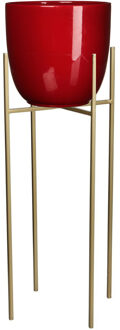 Mica Decorations Bloempot D25 cm rood met plantenpot verhoger goud/metaal van 55 cm