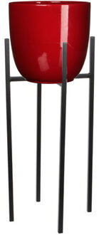 Mica Decorations Bloempot D25 cm rood met plantenpot verhoger zwart/metaal van 25 cm