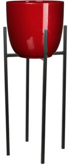 Mica Decorations Bloempot D25 cm rood met plantenpot verhoger zwart/metaal van 25 cm