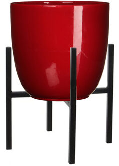 Mica Decorations Bloempot met verhoger - D25 x H23 cm - pot rood - verhoger zwart/metaal H25 cm