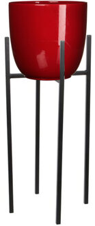 Mica Decorations Bloempot met verhoger - D25 x H23 cm - pot rood - verhoger zwart/metaal H55 cm