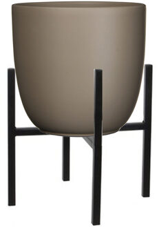 Mica Decorations Bloempot met verhoger - D25 x H23 cm - pot taupe - verhoger zwart/metaal H25 cm
