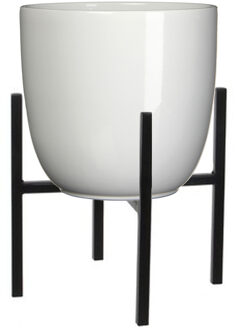 Mica Decorations Bloempot met verhoger - D25 x H23 cm - pot wit - verhoger zwart/metaal H25 cm