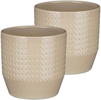 Mica Decorations Bloempot model Nola - 2x - beige - D14 x H13 cm - relief dots - Plantenpotten Crème