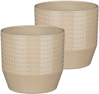 Mica Decorations Bloempot model Nola - 2x - beige - D16 x H15 cm - relief dots - Plantenpotten Crème