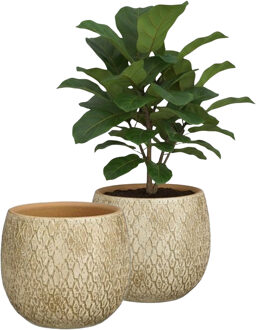 Mica Decorations Bloempot / plantenpot Madeira - 2x - creme - terracotta - 16 cm - schubbenpatroon