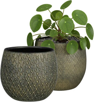 Mica Decorations Bloempot / plantenpot Madeira - 2x - groen - terracotta - 18 cm - schubbenpatroon