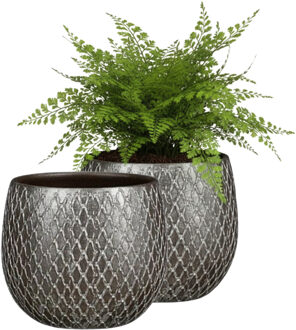 Mica Decorations Bloempot / plantenpot Madeira - 2x - zilver - terracotta - 14 cm - schubbenpatroon