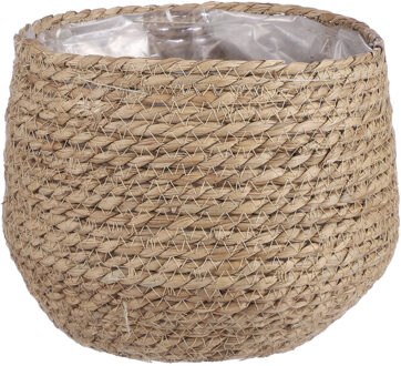 Mica Decorations Bloempot - rotan - beige - jute - 22 x 19 cm - Met plastic binnenkant