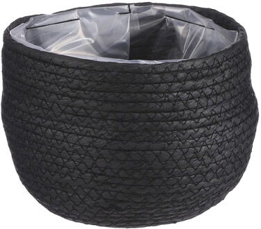 Mica Decorations Bloempot - rotan - zwart - jute - 18 x 15 cm - Met plastic binnenkant