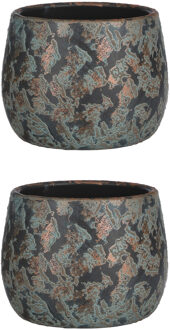 Mica Decorations Bloempot/schaal - Set van 2x stuks - keramiek - kamerplanten - koper - D16 x H13 cm