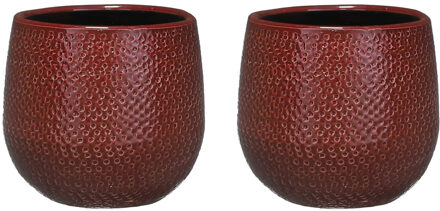 Mica Decorations Bloempot - Set van 2x stuks - bordeaux - keramiek - 14x12 cm