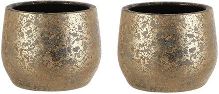 Mica Decorations Bloempot - Set van 2x stuks - goudkleurig - keramiek - 19 x 15 cm