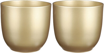 Mica Decorations Bloempot - Set van 2x stuks - goudkleurig - keramiek - 25 x 23 cm