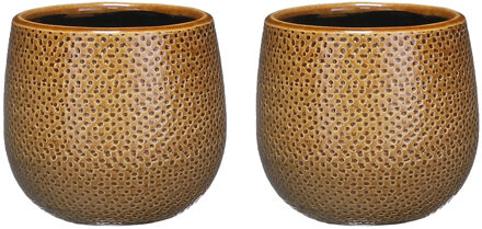 Mica Decorations Bloempot - Set van 2x stuks - okergeel - keramiek - 14 x 12 cm