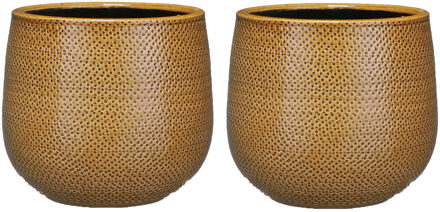 Mica Decorations Bloempot - Set van 2x stuks - okergeel - relief - keramiek - 21 cm