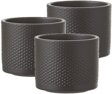 Mica Decorations Bloempot - Set van 3x stuks - antraciet - relief - keramiek - D12 x H10 cm - plante