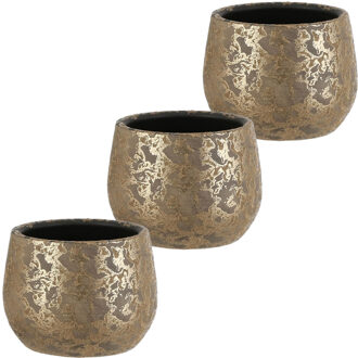 Mica Decorations Bloempot - Set van 3x stuks - goudkleurig - keramiek - 16 x 13 cm