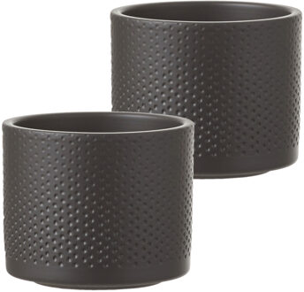 Mica Decorations Bloempot - Set van 4x stuks - antraciet - relief - keramiek - D12 x H10 cm - plante