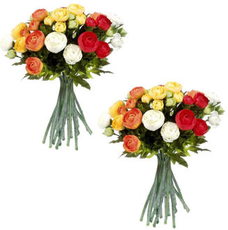 Mica Decorations Boeket - 3x stuks - kunstbloemen - oranje/wit - Ranunculus/ranonkel - 35 cm