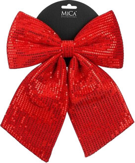 Mica Decorations Decoratie strik - rood - 24 x 28 cm - polyester pailletten - kerststrik - kerstversiering