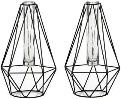 Mica Decorations Draad vaasje - 2x - diamant vorm - zwart - metaal/glas - 15 x 14 x 24 cm - bloemenvaasje