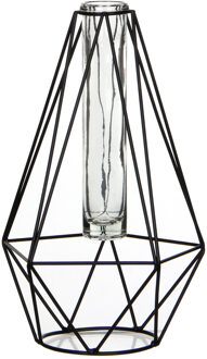 Mica Decorations Draad vaasje - diamant vorm - zwart - metaal/glas - 15 x 14 x 24 cm - bloemenvaasje
