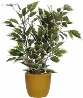 Mica Decorations Groen/witte ficus kunstplant 40 cm met plantenpot okergeel D13.5 en H12.5 cm