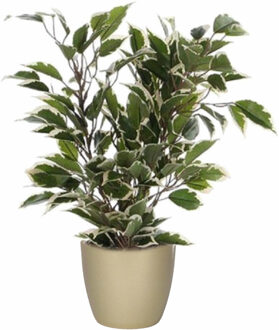 Mica Decorations Groen/witte ficus kunstplant 40 cm met plantenpot parelgoud D13.5 en H12.5 cm