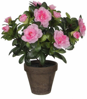 Mica Decorations Groene Azalea kunstplant roze bloemen 27 cm in pot stan grey