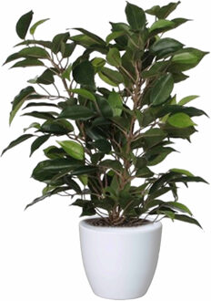 Mica Decorations Groene ficus kunstplant 40 cm met plantenpot glanzend wit D13.5 en H12.5 cm - Kunstplanten