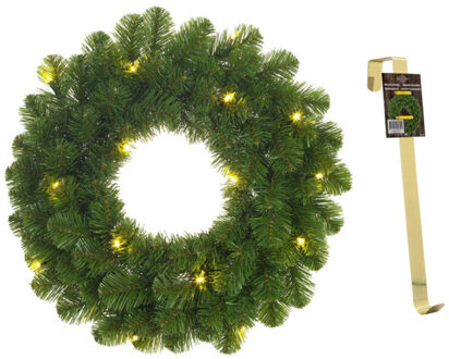 Mica Decorations Groene verlichte kerstkransen/deurkransen met 30 LEDS 60 cm en met gouden hanger - Kerstkransen