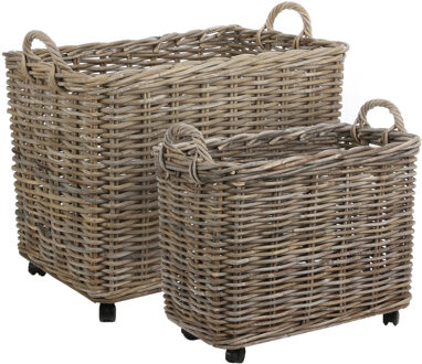 Mica Decorations Grote opbergmand - op wieltjes - bruin - 58 x 35 x 48 cm - rotan - gevlochten riet - mand