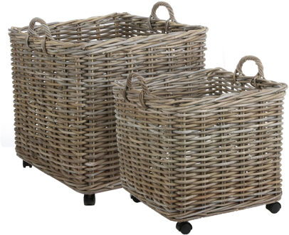 Mica Decorations Grote opbergmand - op wieltjes - bruin - 58 x 58 x 58 cm - rotan - gevlochten riet - mand