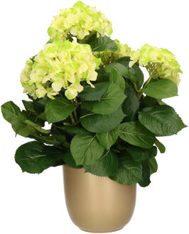 Mica Decorations Hortensia kunstplant/kunstbloemen 45 cm - groen - in pot goud - Kunstplanten Goudkleurig