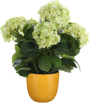 Mica Decorations Hortensia kunstplant/kunstbloemen 45 cm - groen - in pot okergeel glans - Kunstplanten