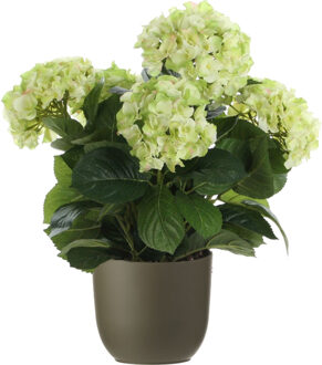 Mica Decorations Hortensia kunstplant/kunstbloemen 45 cm - groen - in pot olijfgroen mat - Kunstplanten